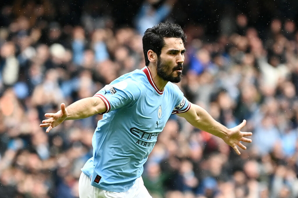 Ilkay Gündogan feiert ein Tor beim Sieg Manchester Citys über Leeds in der Premier League