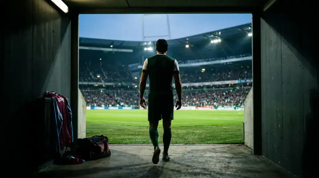 Footballer returning through a stadium tunnel toward Werder Bremen’s Weserstadion